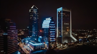 An urban nightscape featuring illuminated skyscrapers with bright neon lights and reflective glass surfaces. The city is alive with glowing signs and a network of light trails from streets below, set against a dark night sky.