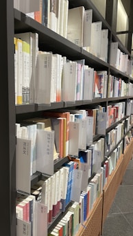 Books neatly arranged on metal shelves, prominently displaying visible Chinese characters on the spines. The setting appears to be a library or a bookstore. The shelves are filled with books of various colors and thicknesses, creating an orderly and structured appearance.