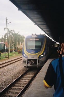 a blue and yellow train pulling into a train station