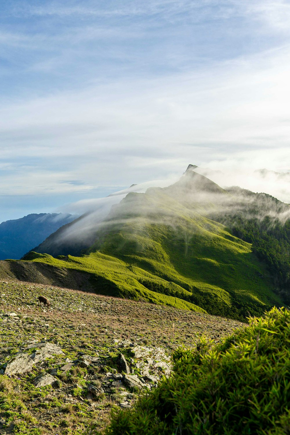 a view of a mountain range with low lying clouds