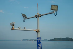 a couple of cameras on top of a metal pole
