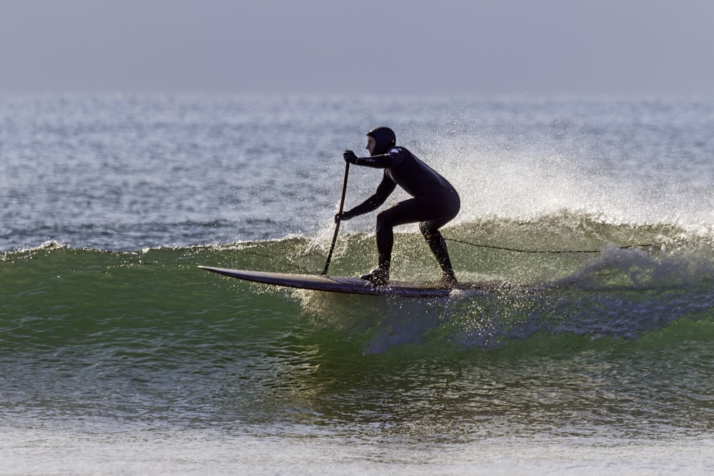 a man riding a wave on top of a surfboard