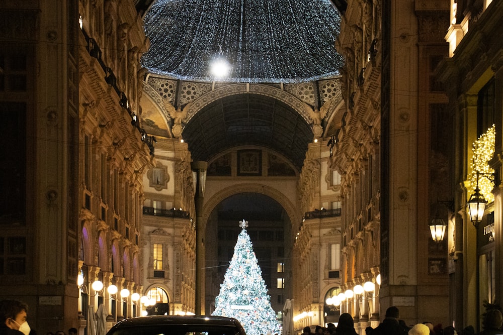 a car driving down a street next to a christmas tree