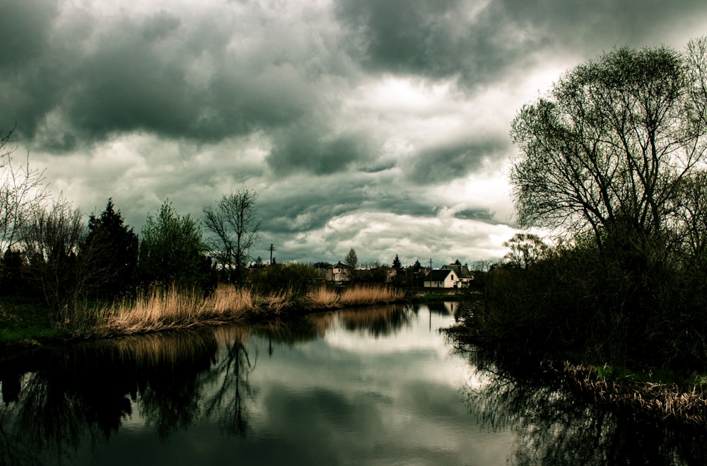 a body of water surrounded by trees under a cloudy sky