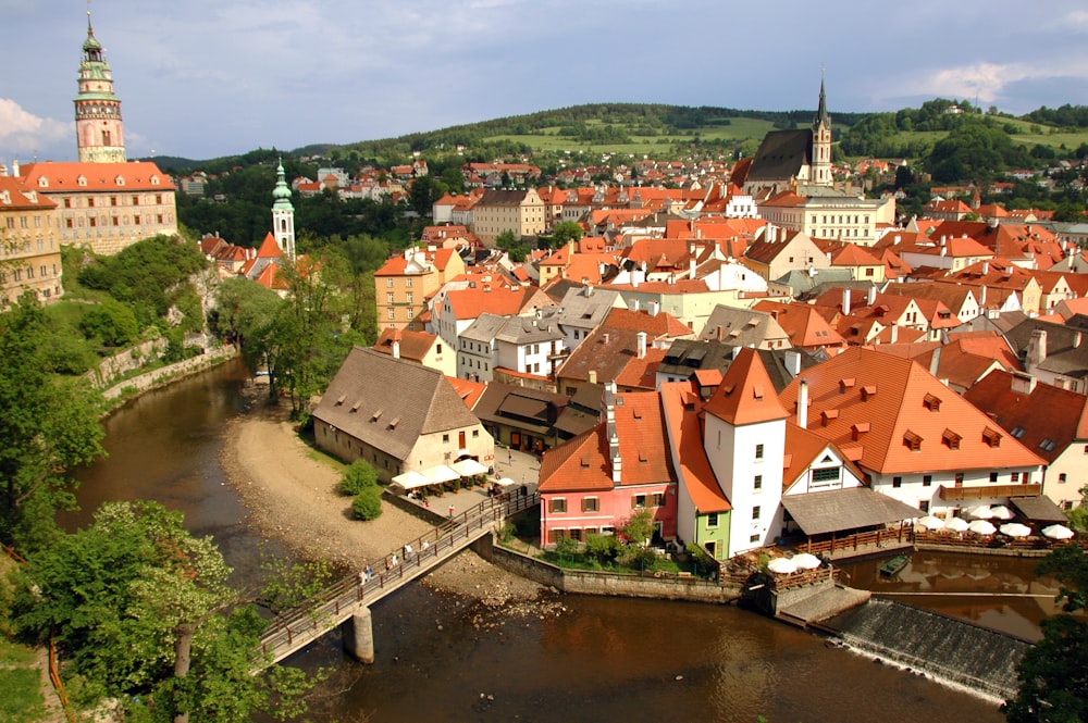 an aerial view of a city with a river running through it