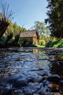A rugged outdoor scene with a wooden cabin and a winding creek under a clear blue sky.