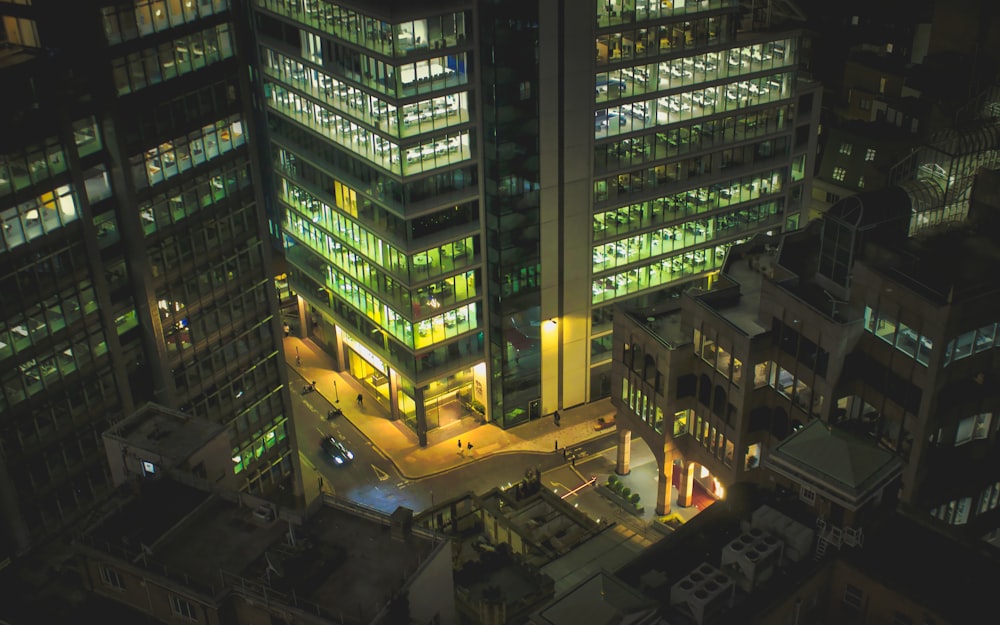 a very tall building lit up at night