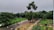 A lush, green, and expansive landscape with paved pathways. People are cycling along the paths while some are walking. Numerous bicycles are parked along the side, suggesting a popular cycling area. Tall trees and dense foliage create a natural canopy.