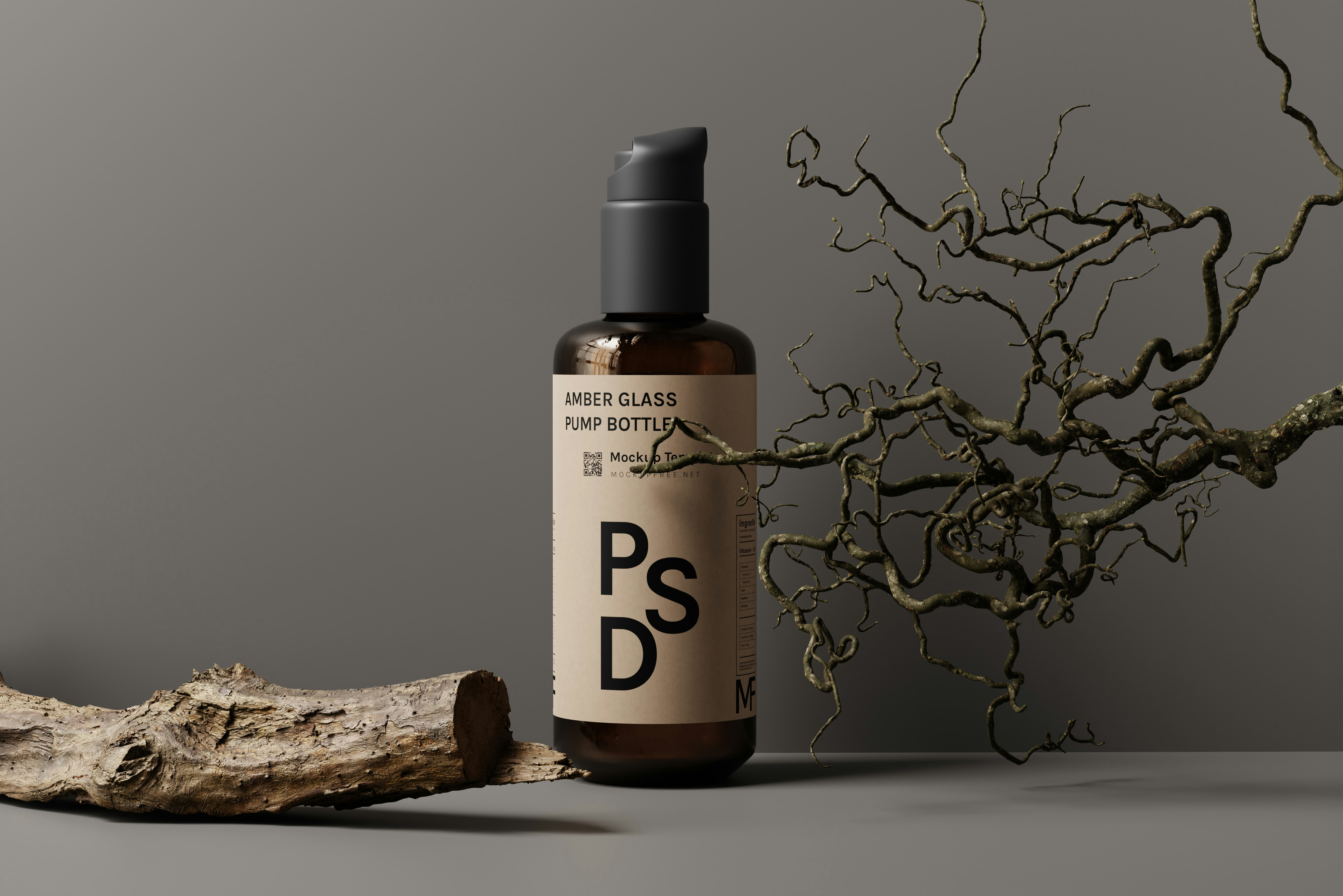 a bottle of psd next to a tree branch