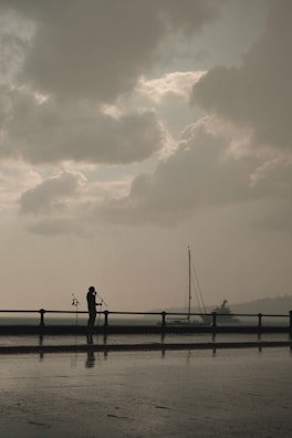 A dramatic sunset silhouette of a journalist holding a microphone outdoors