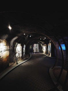 a dimly lit tunnel in the middle of a building