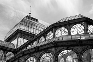 a black and white photo of a building with many windows