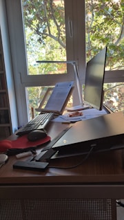 A workspace is set up in front of a large window with tree branches visible outside. The desk contains a computer monitor, a laptop, a keyboard, a mouse on a red mousepad, some papers, a lamp, and various cables and accessories.