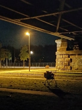 A shopping cart is positioned under a bridge at night, with a streetlamp casting a warm glow on the nearby path and grass. The environment includes a railway track parallel to the path and large stone structures, with trees in the distance.