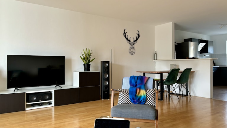 A modern living room with a large flat-screen TV on a black and white TV stand, accompanied by a potted plant and speakers. A gray chair draped with a colorful blanket and cushion is in the foreground. A dining area with a wooden table and green chairs is visible behind the chair. The kitchen is partially visible, separated by a small partition. A decorative wall piece in the shape of a deer's head adorns the wall.