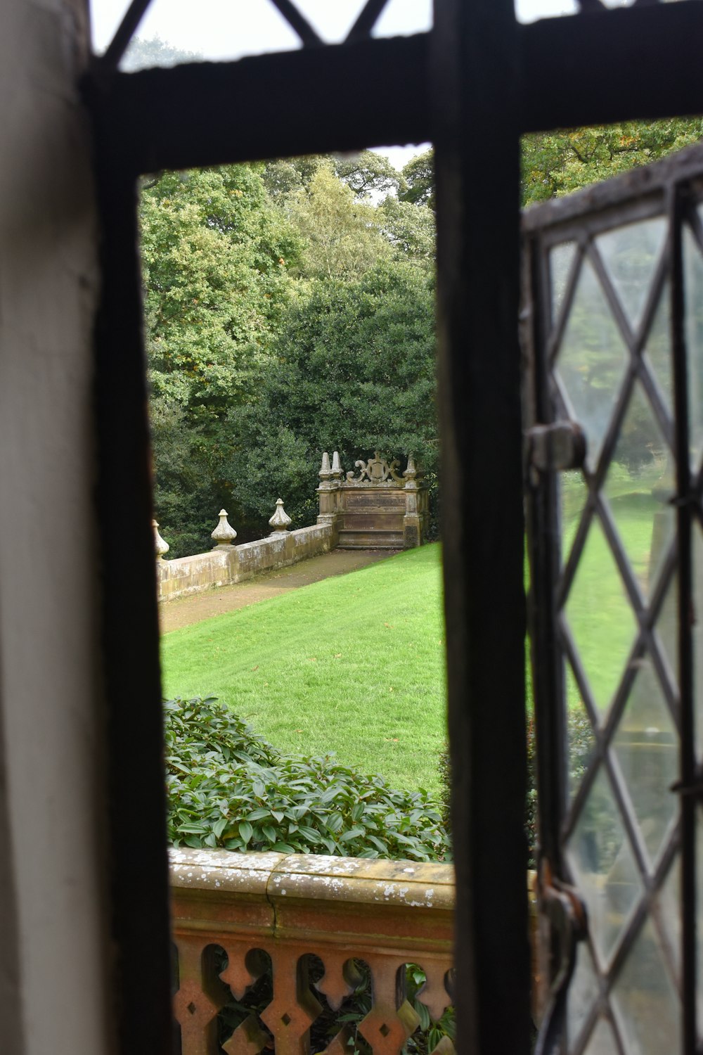 a view of a park through a window