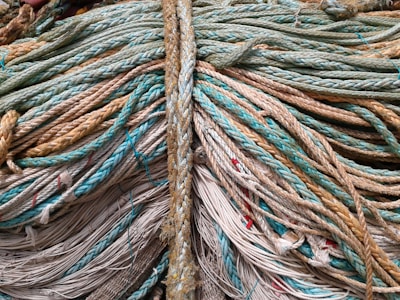 An array of ropes of varying thicknesses and colors intertwined and laid out in an overlapping fashion. The ropes range in color from teal and beige to off-white and light brown, with some sections showing red protrusions. The texture is prominent, highlighting the woven nature of the ropes.