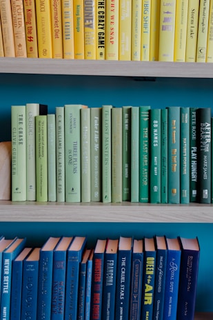 A series of books arranged on three shelves. The top shelf contains books with yellow covers, the middle shelf features books with green covers, and the bottom shelf holds books with blue covers. The shelves create a gradient effect with the color of the book spines.