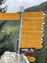 An old wooden signpost marking one of the 16 historical stops along the Vernier walk.