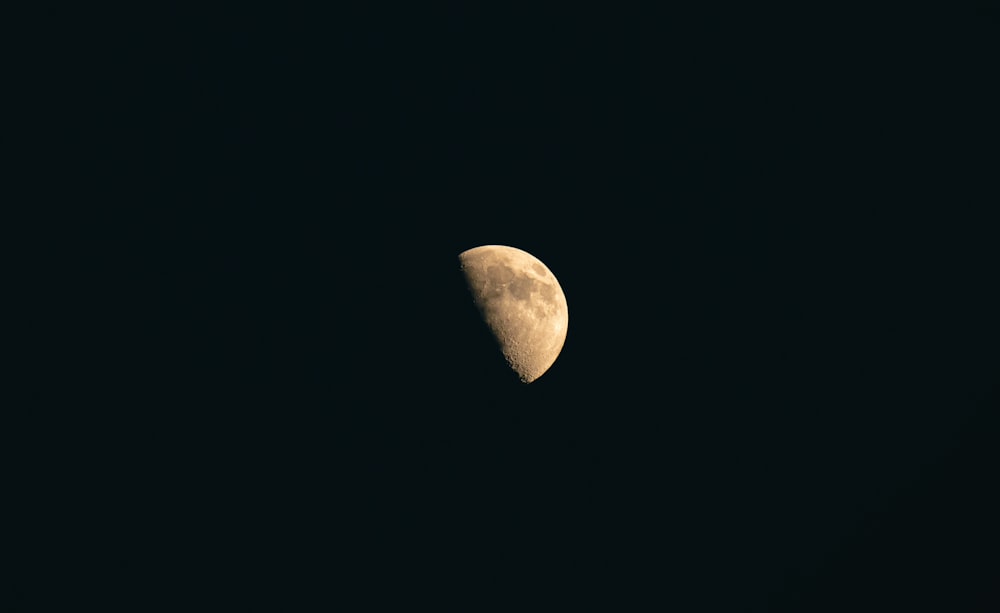 a half moon is seen in the dark sky