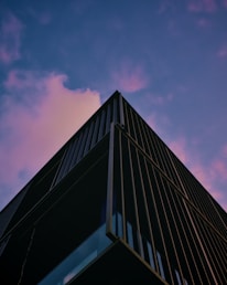 A modern building under construction framed against a deep slate blue sky at dusk.