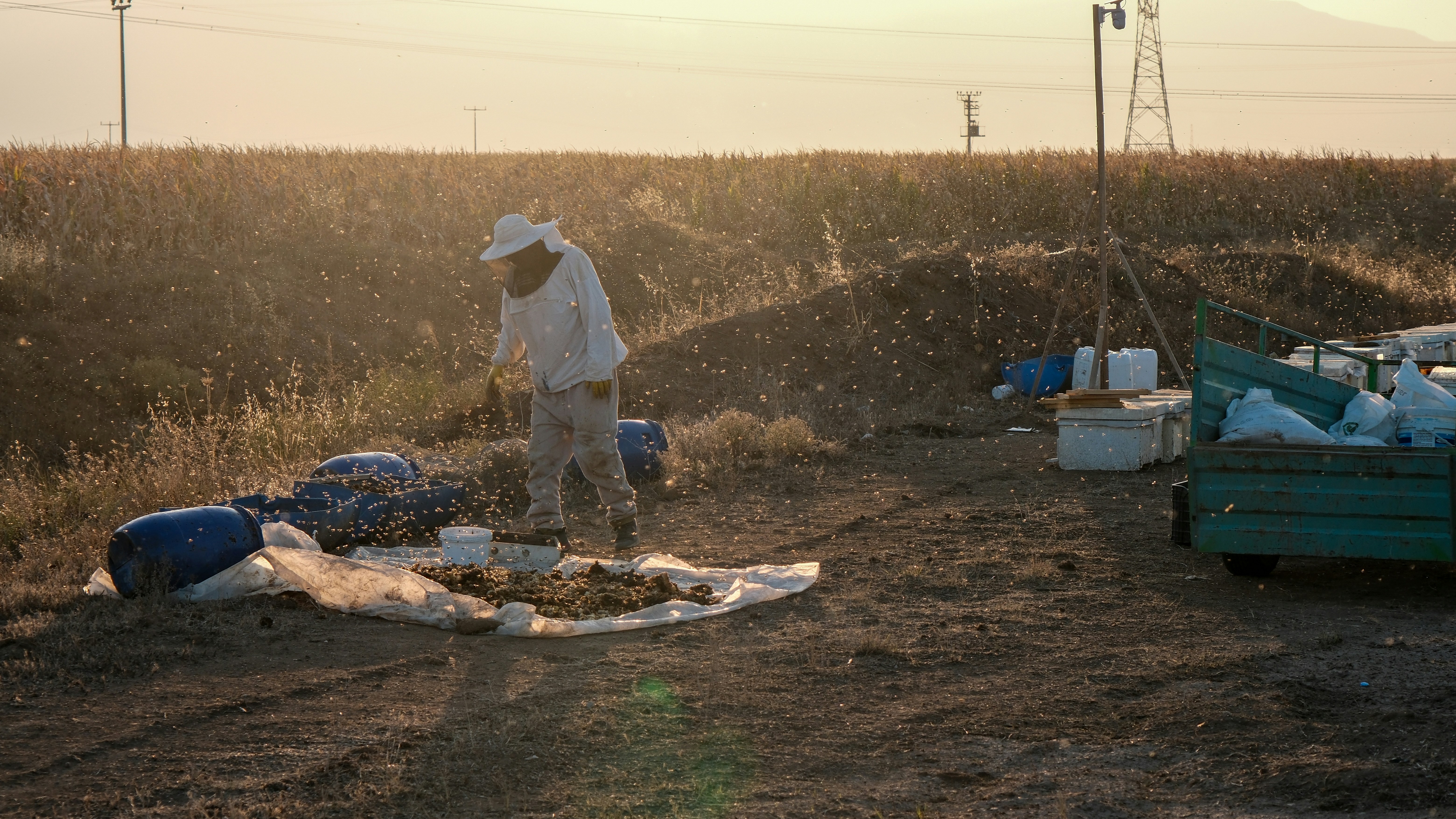 a man standing in a field next to a pile of dirt