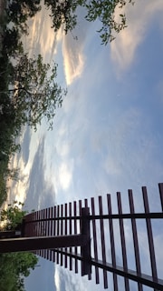 A wooden pergola structure extends towards a sky adorned with soft clouds and a hint of sunset light. Lush green tree branches frame the scene, enhancing the natural landscape.