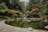 A serene Japanese garden featuring a calm pond surrounded by colorful autumn trees and lush greenery. A small waterfall flows into the pond, and the area is bordered by smooth stones. A traditional stone lantern is visible on the right side.