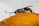 A close-up of a small insect with a segmented body and long antennae, standing on an orange surface. The insect appears detailed and shiny, with distinct features and textures visible.