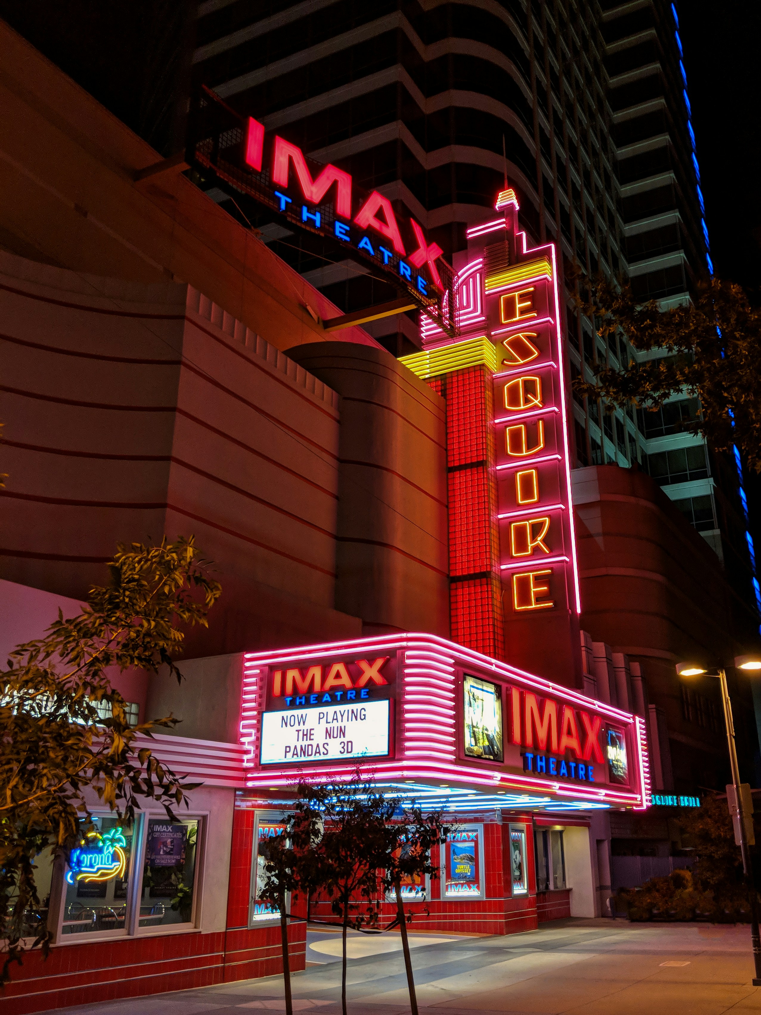 ネオンサインが目立つ大きな建物