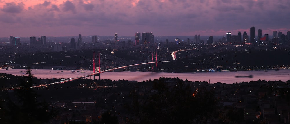 a view of a city and a bridge at dusk