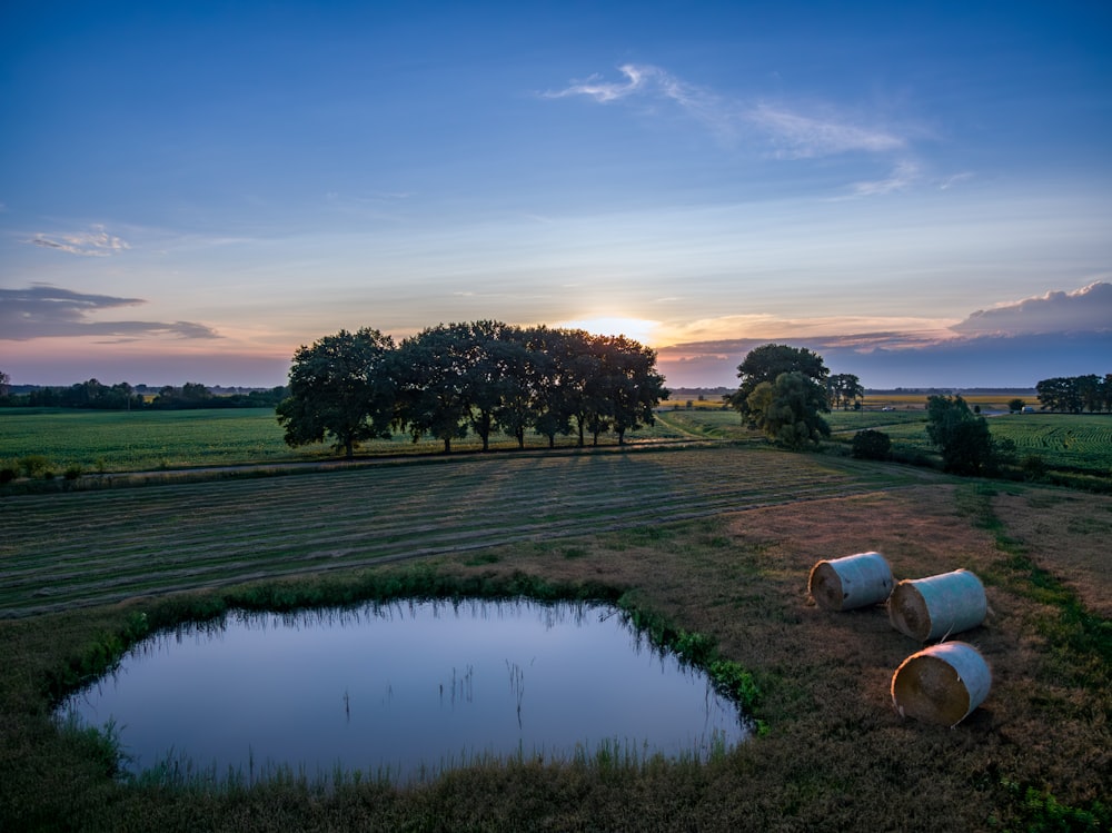 a couple of barrels sitting in the middle of a field