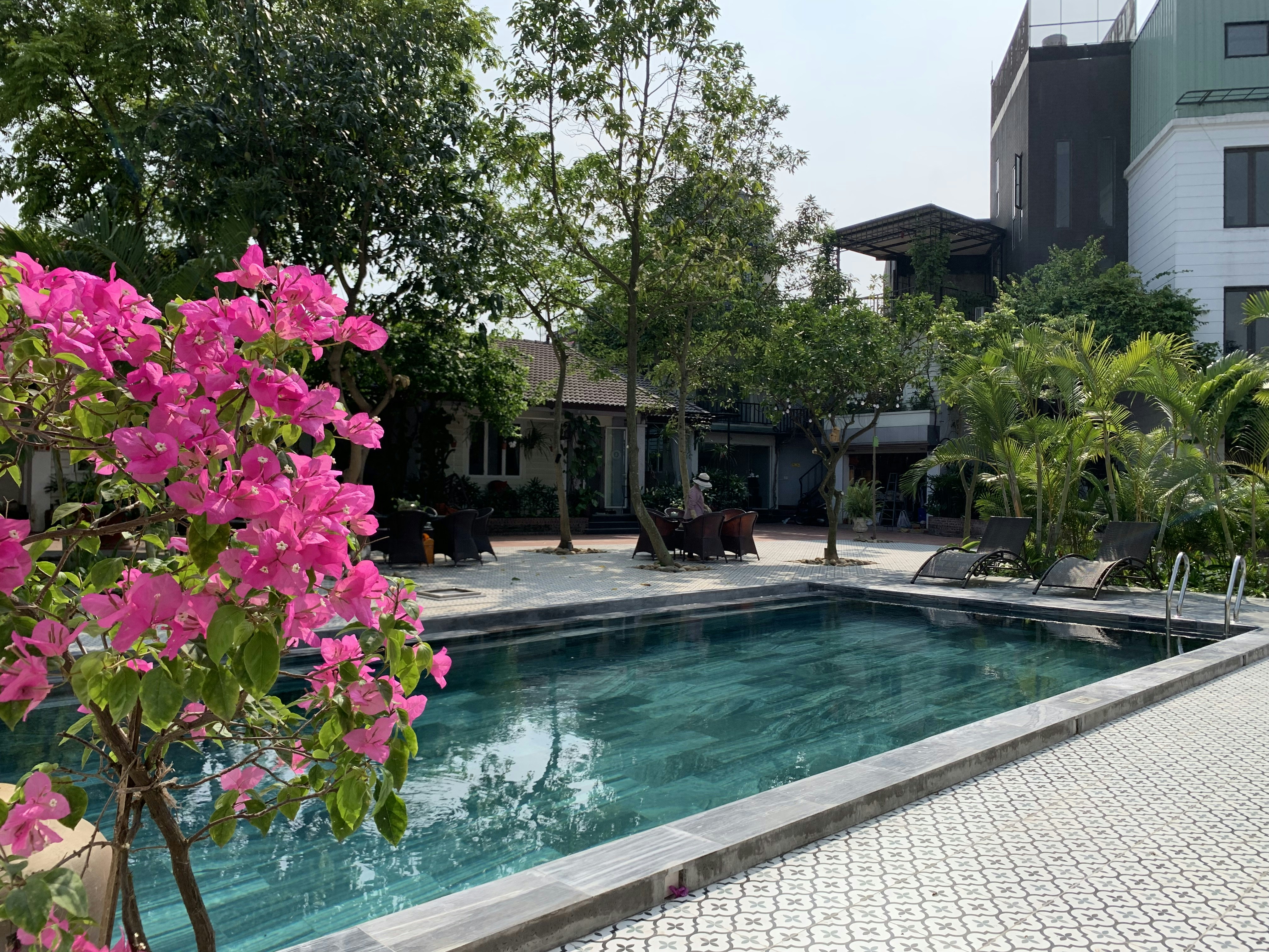 a swimming pool surrounded by trees and flowers