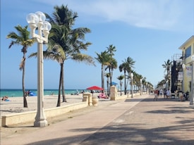 A sunny beachside promenade lined with palm trees and street lamps. People are enjoying the sandy beach, some lounging under umbrellas. Buildings with signage can be seen on the right side, and the ocean spans to the left with a clear blue sky above.