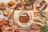 An assortment of pastries and baked goods arranged on a surface. The central item is a large round tart with a decorative rim and topped with small flowers and cinnamon sticks. Surrounding it are smaller tarts with pecans and powdered sugar, along with various types of bread. Decor includes brown and orange autumn leaves and white floral elements.