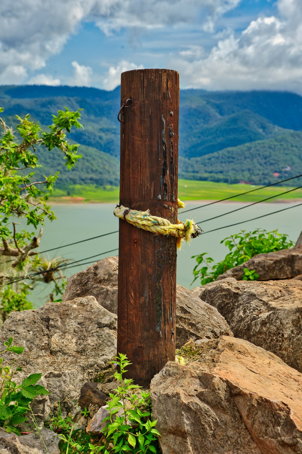 a wooden post with a rope wrapped around it