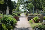 A peaceful cemetery with a paved walkway lined by lush greenery and various tombstones and statues. Tall trees provide ample shade, and the area is well-maintained with blooming flowers and manicured hedges.