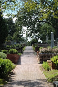 A wide-angle view of clean pathways and well-maintained graves reflecting tranquility.