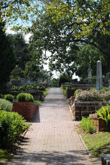 A serene cemetery pathway lined with blooming flowers and a gravestone featuring a QR code.