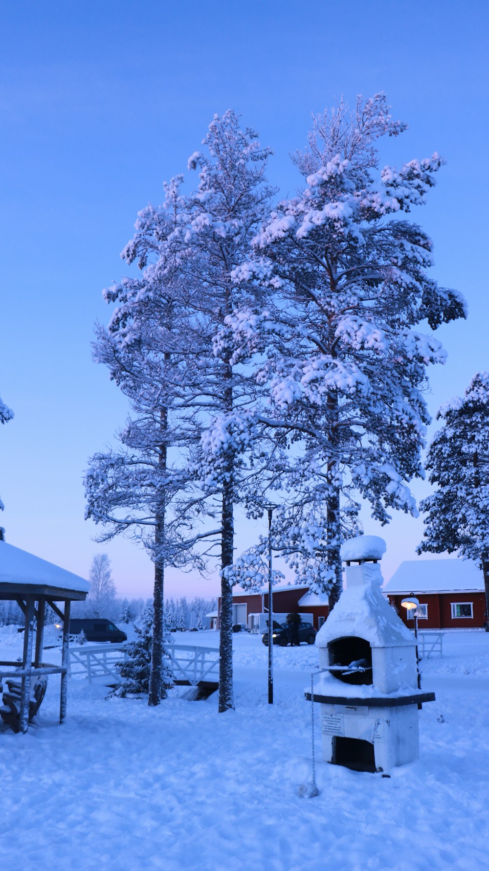 a snow covered park with trees and a fire place