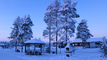a snow covered park with a gazebo and trees
