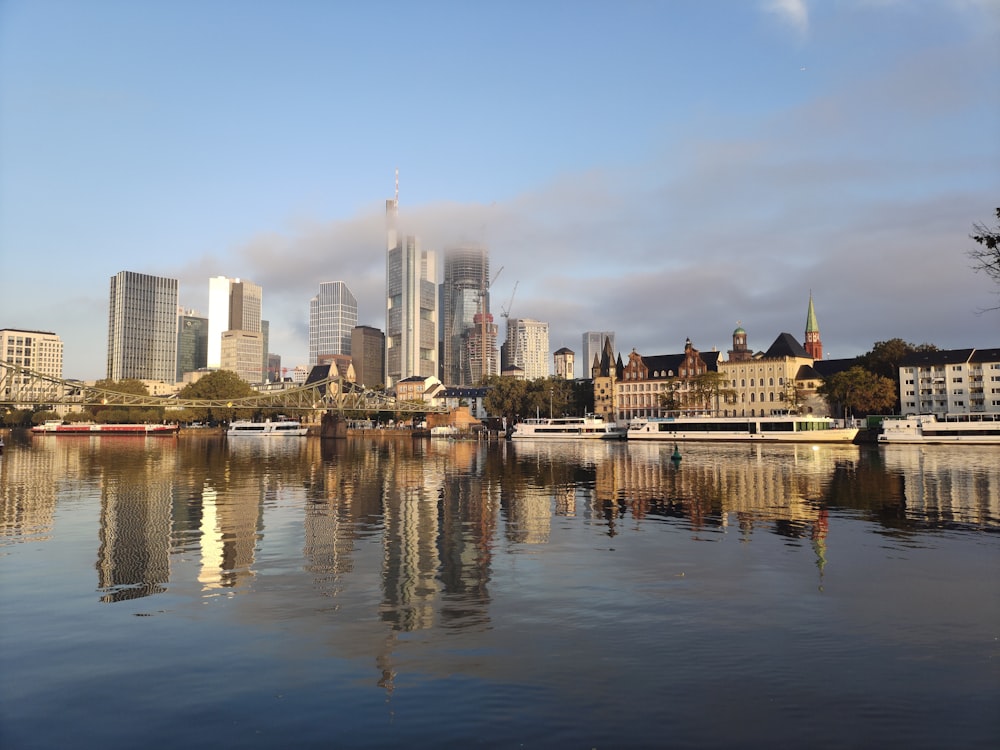 ein großes Gewässer mit einer Stadt im Hintergrund