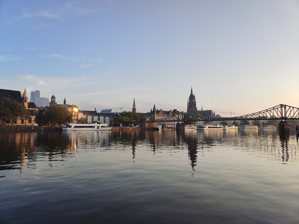 a large body of water with a bridge in the background