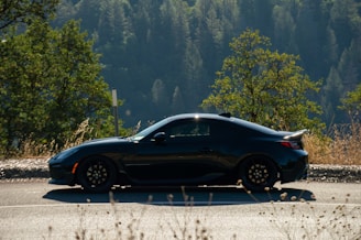 A sleek car parked on a scenic road, showcasing its stylish design.