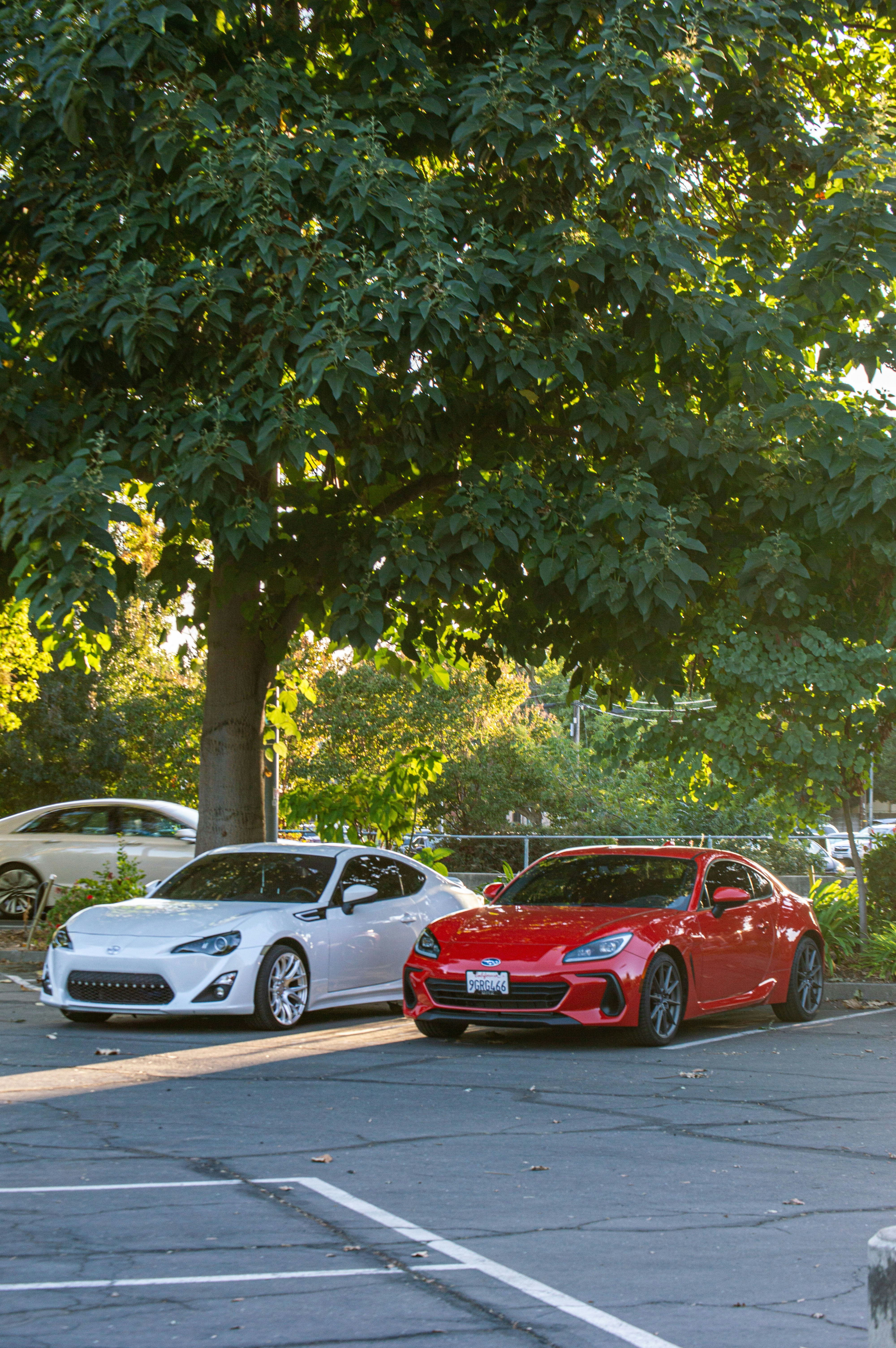 A couple of cars parked next to each other in a parking lot photo ...