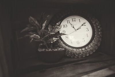 An analog clock with a white face and decorative frame is positioned next to a small potted plant with lush leaves. The clock displays a time of approximately 8:19. The image has a vintage, sepia-toned effect that gives it a classic feel.