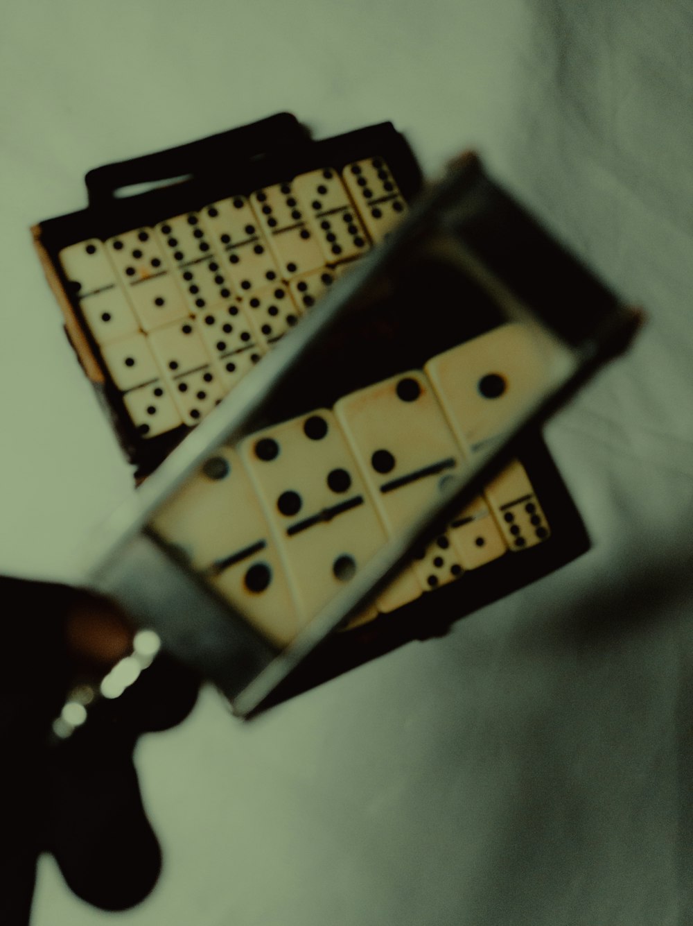 a person holding a domino board in their hand