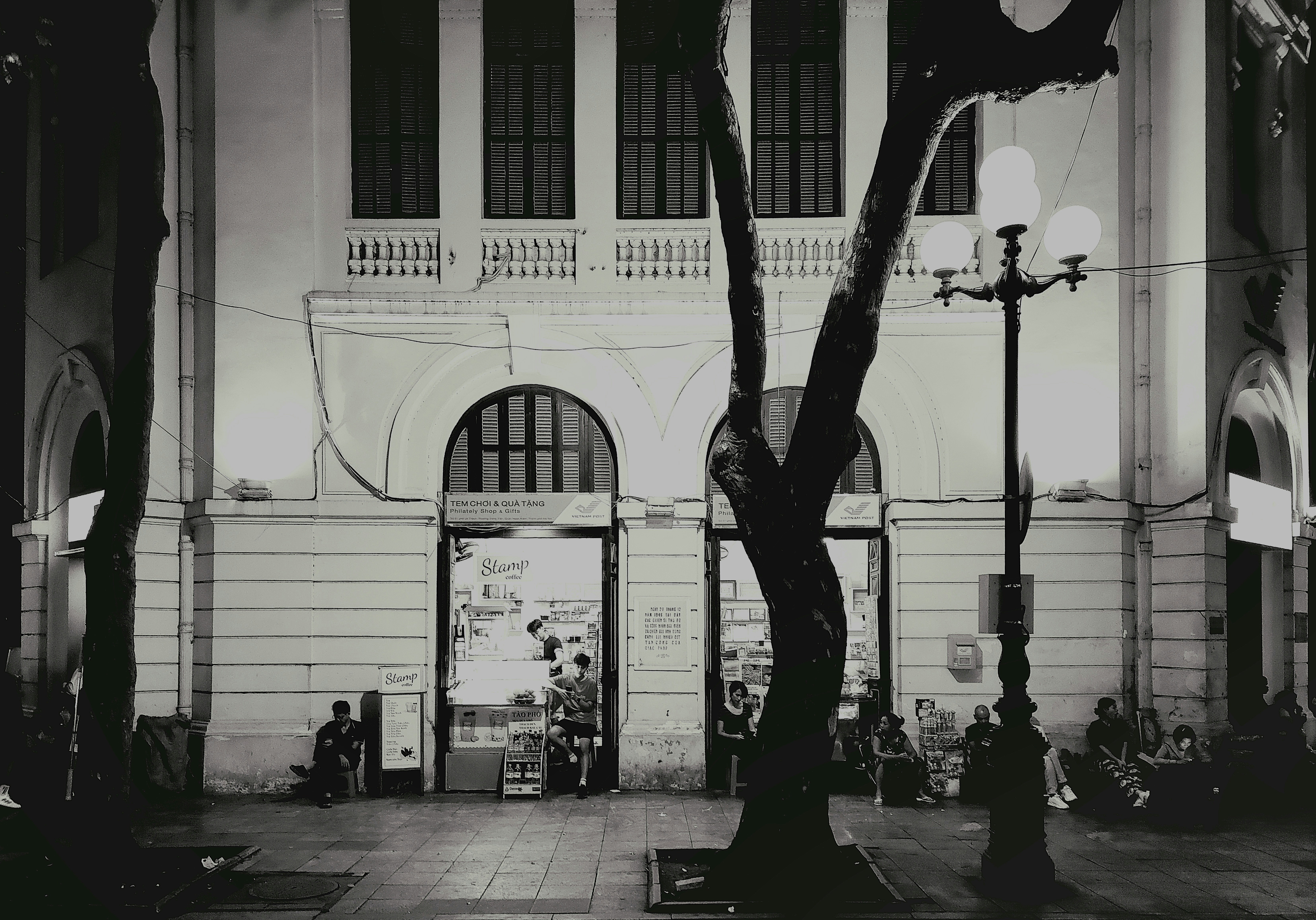a black and white photo of a tree in front of a building