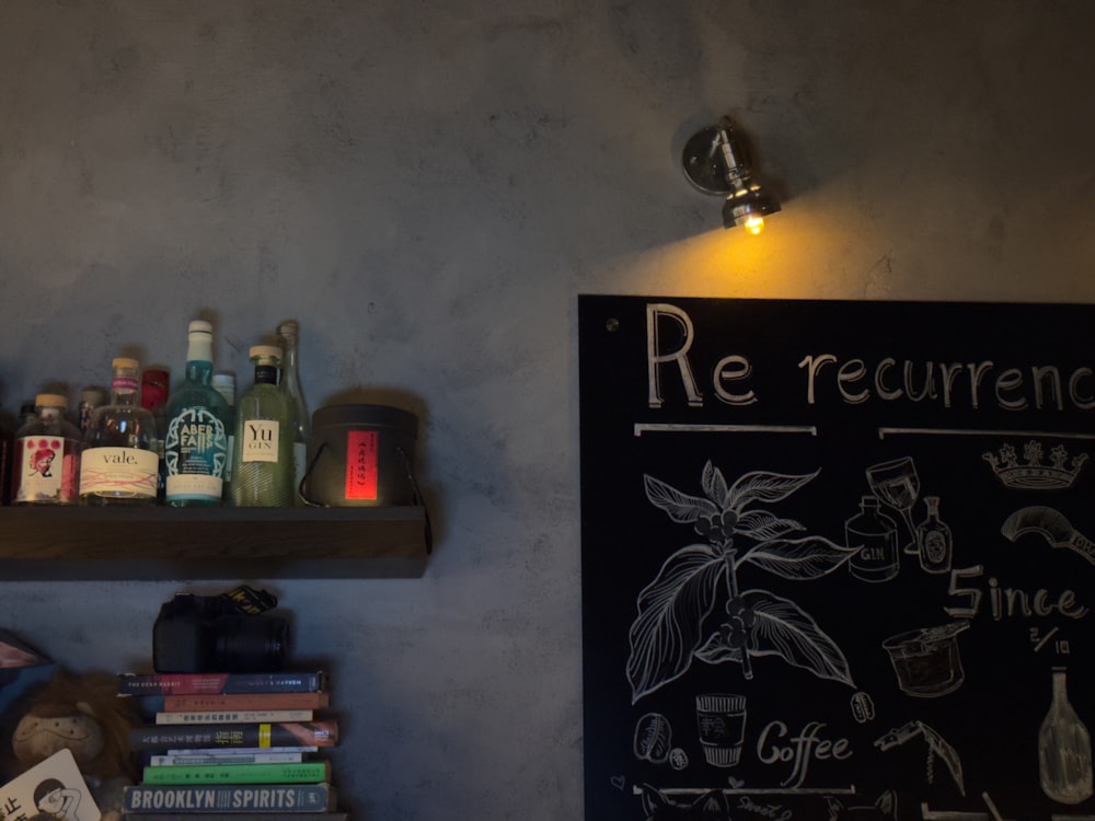 a chalkboard with a menu on it next to a book shelf