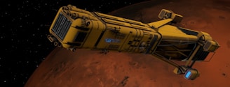 A yellow, futuristic spacecraft with detailed mechanical components is flying above the reddish surface of a planet, possibly Mars. The background is a starry space scene.